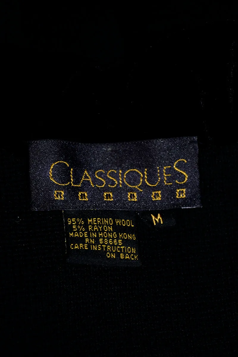 1980s Black Wool Sweater Knit Jacket With Gold Metallic & Velvet Trim