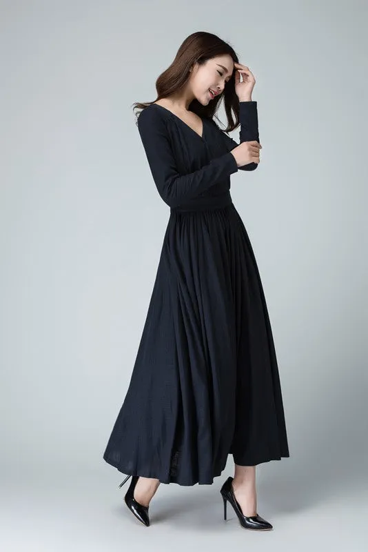 Blue Dress, V neck Dress, Spring Dress, Linen dress, Maxi Dress 1460#