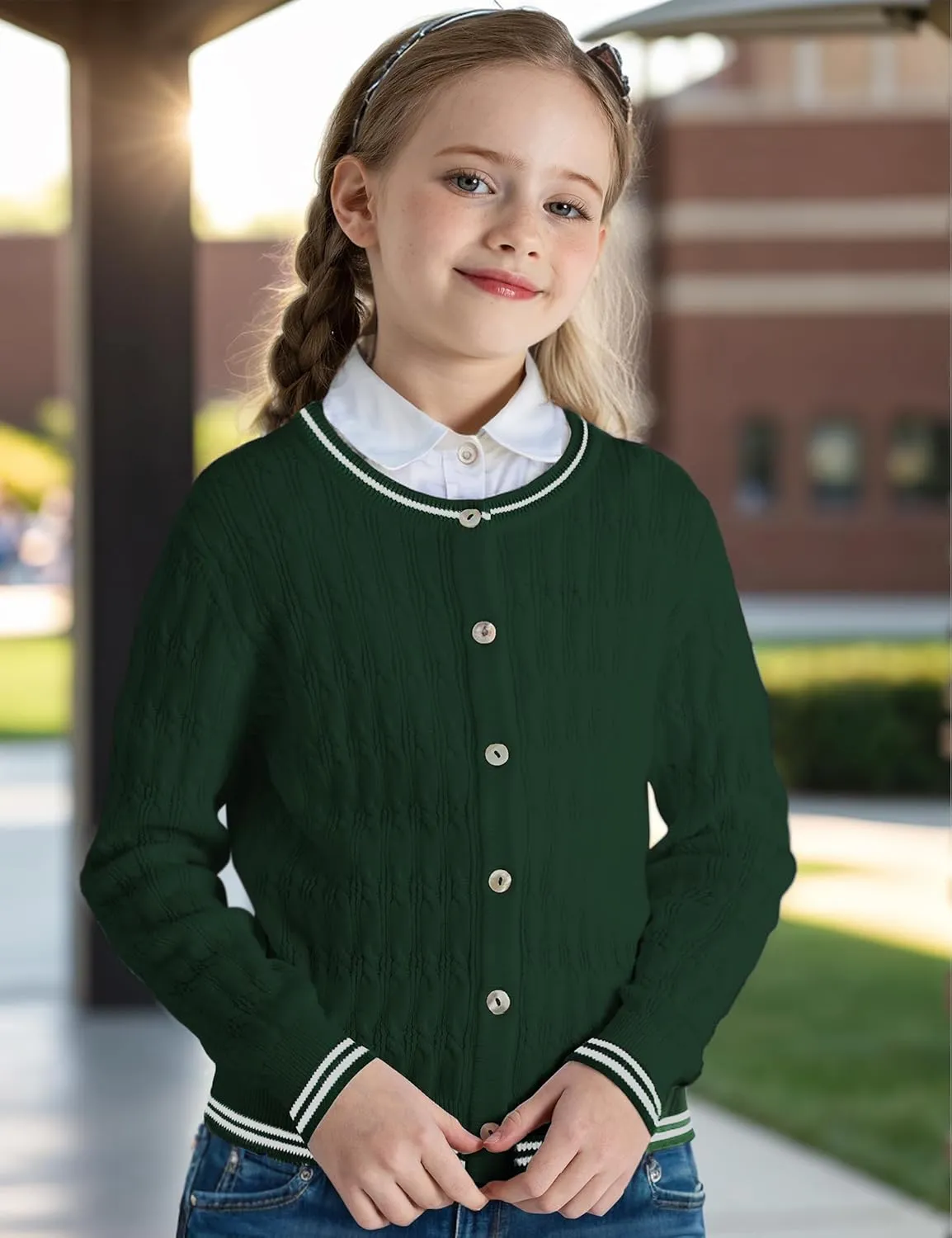 BOBOYOYO Girls Cardigan Kids School Uniform Sweater 100% Cotton Knit Girls Sweaters Button Crewneck Toddler Cardigans