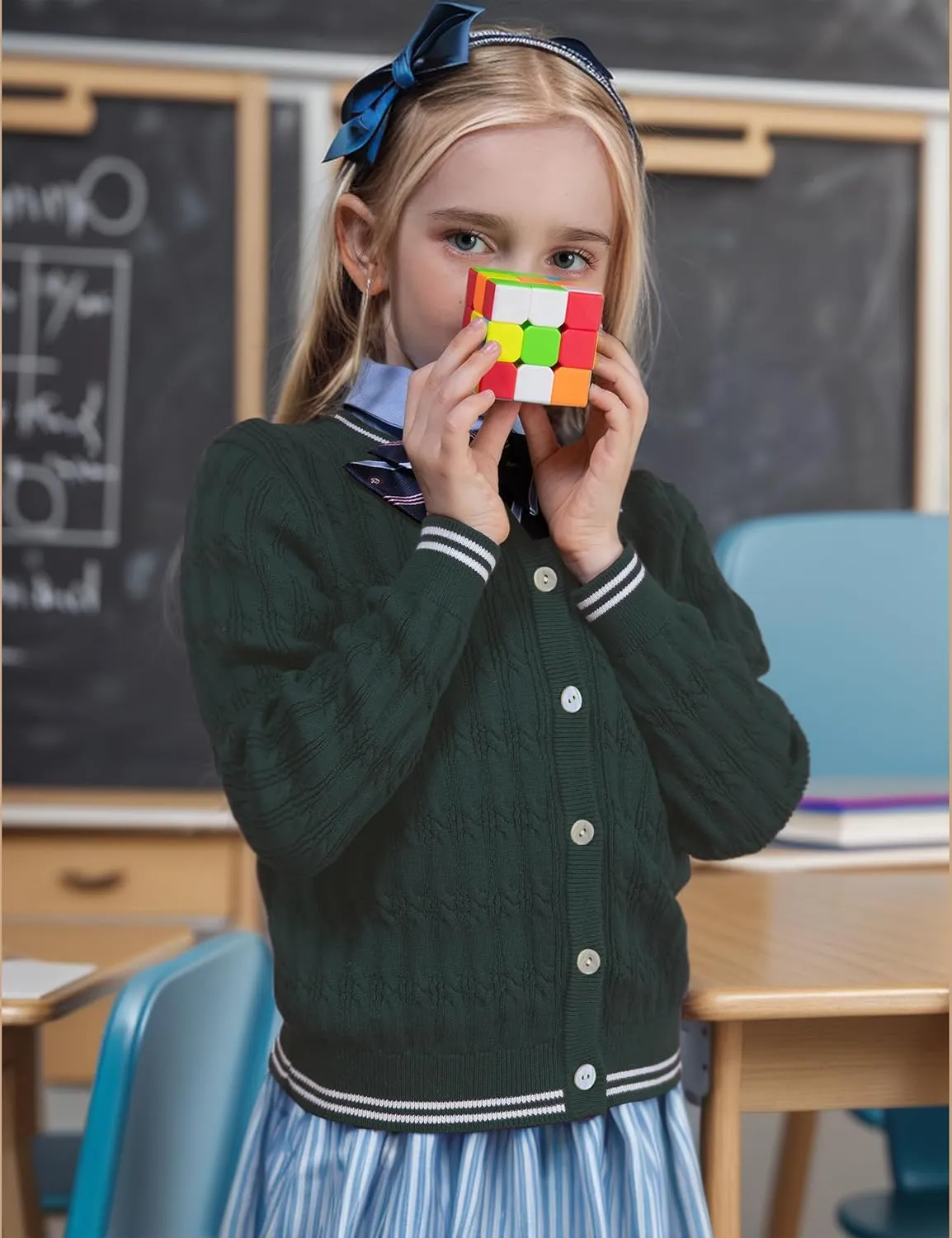 BOBOYOYO Girls Cardigan Kids School Uniform Sweater 100% Cotton Knit Girls Sweaters Button Crewneck Toddler Cardigans