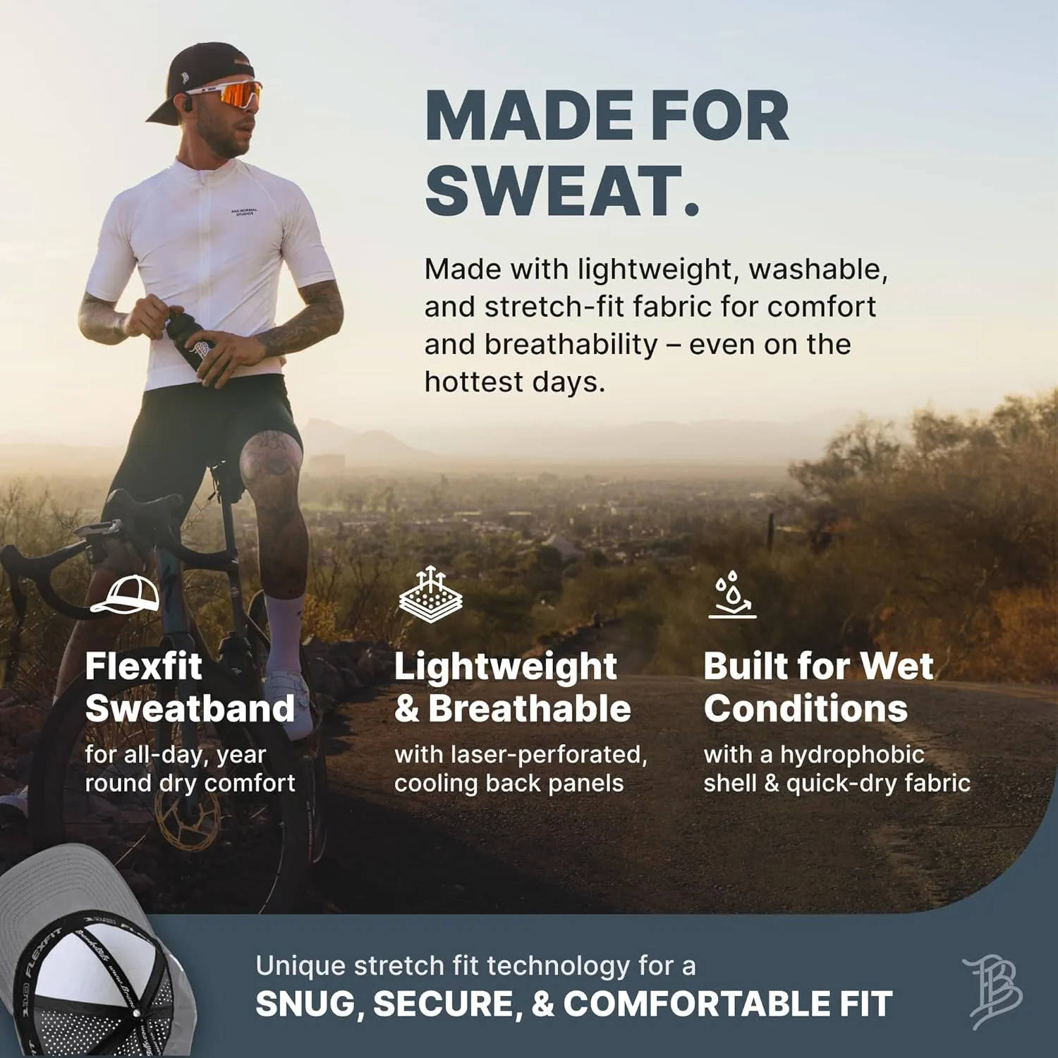 Branded Bills Bare Performance Hat, with Flexfit Sweatband, Adjustable Snapback, Comfort Stretch, Quick Dry, Water Repellent