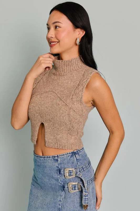 Carson Mock Neck Cut Out Cropped Sweater Top Mocha
