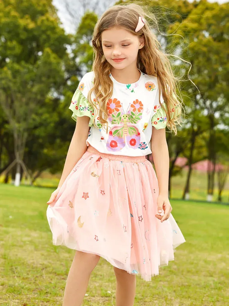 Cartoon Print Kids Girls T-shirt and Layered Skirt Set