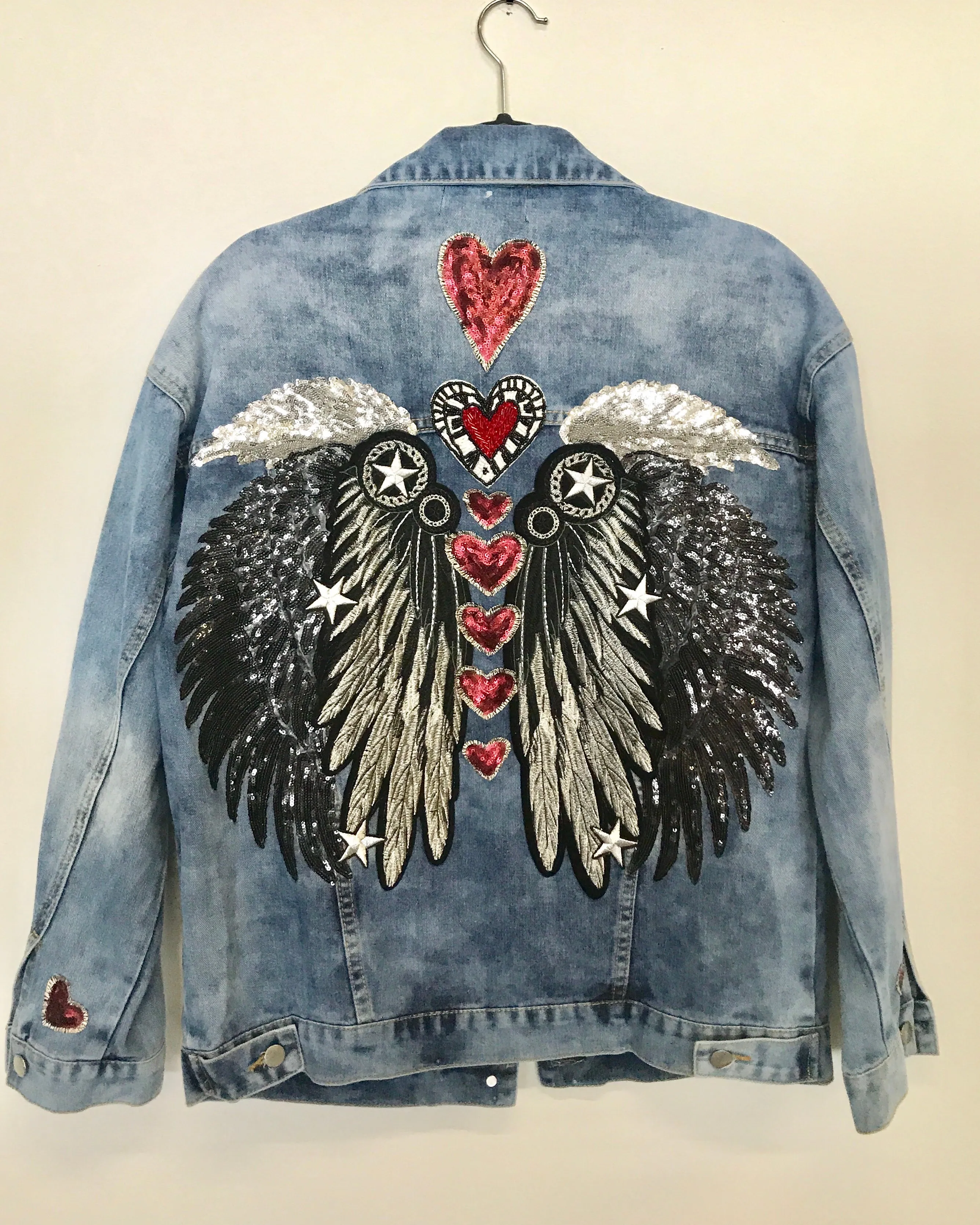Chakras Denim Jacket Black Wings Oversized Fit