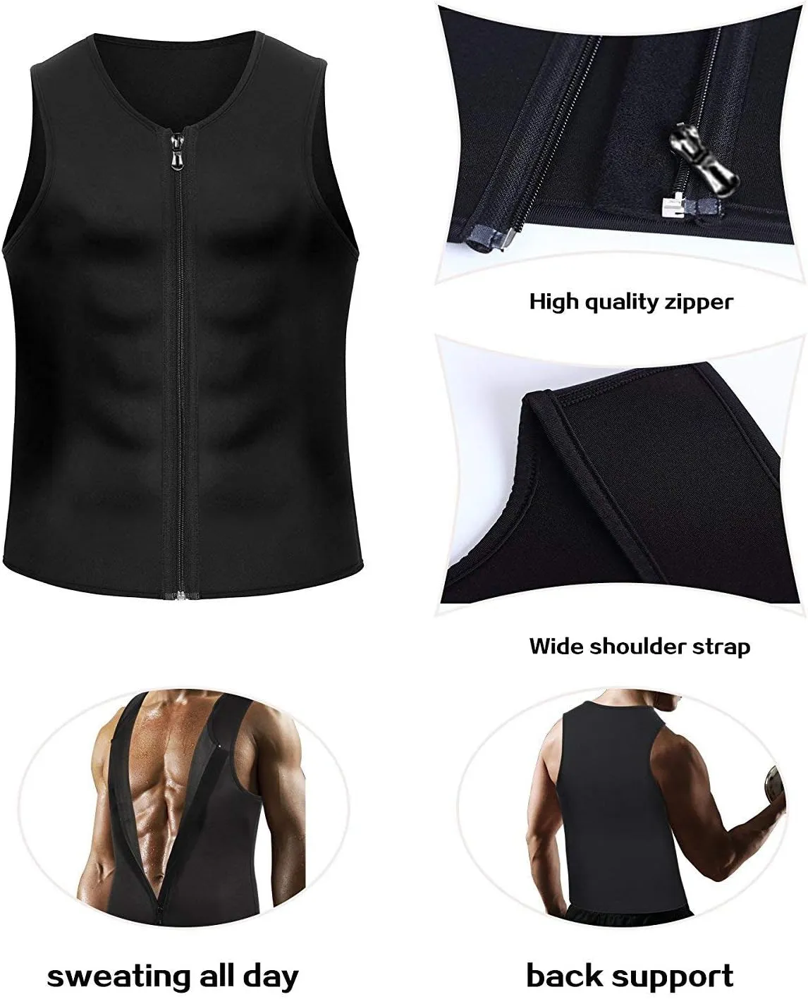 CORATED Men Sauna Vest Sweat Waist Trainer Zipper Hot Neoprene Tank Top Corset Compression Body Shaper Sauna Shirt Workout