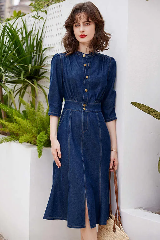 Cropped Sleeve Blue Drenim Mermaid Dress