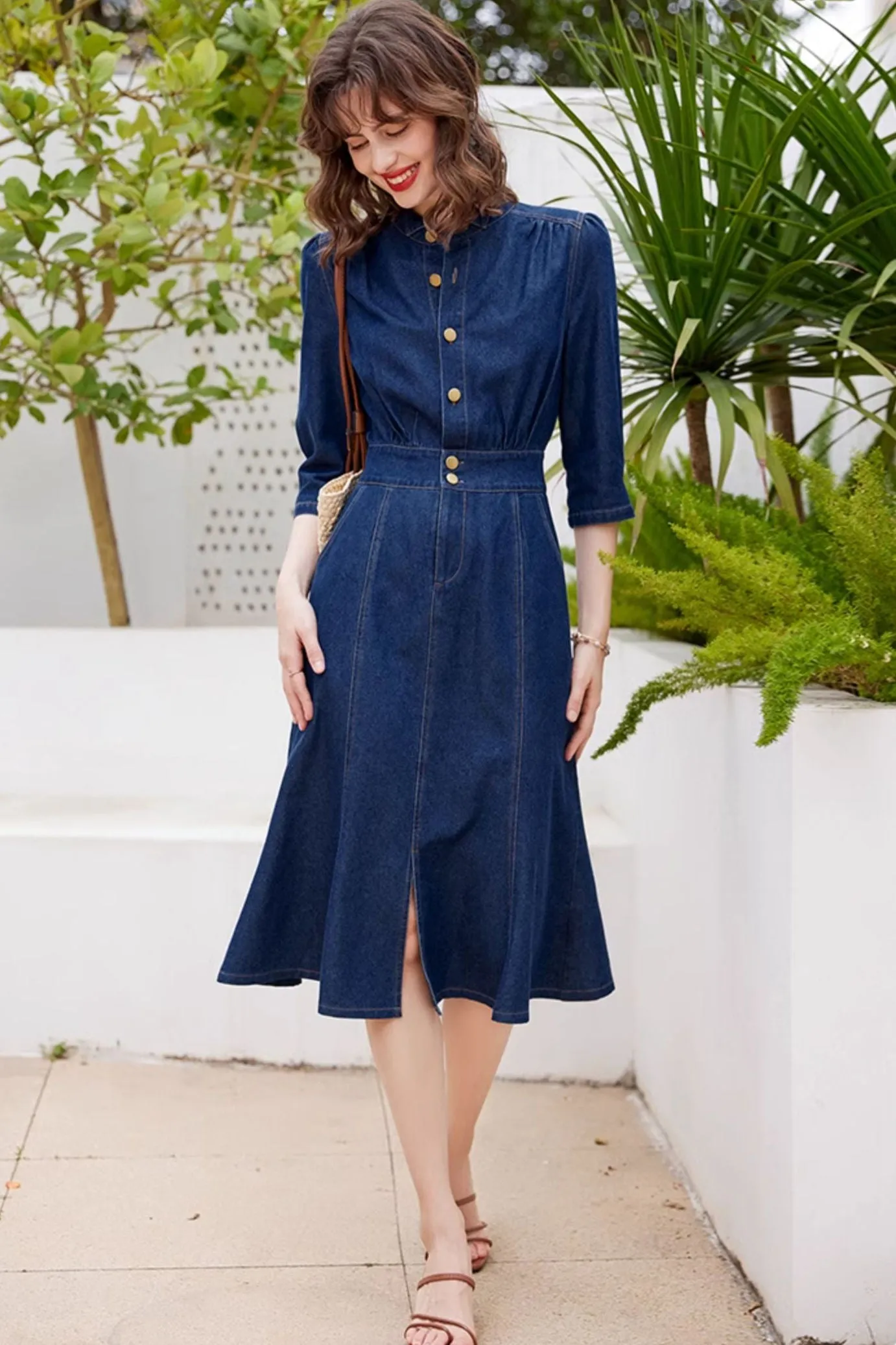 Cropped Sleeve Blue Drenim Mermaid Dress