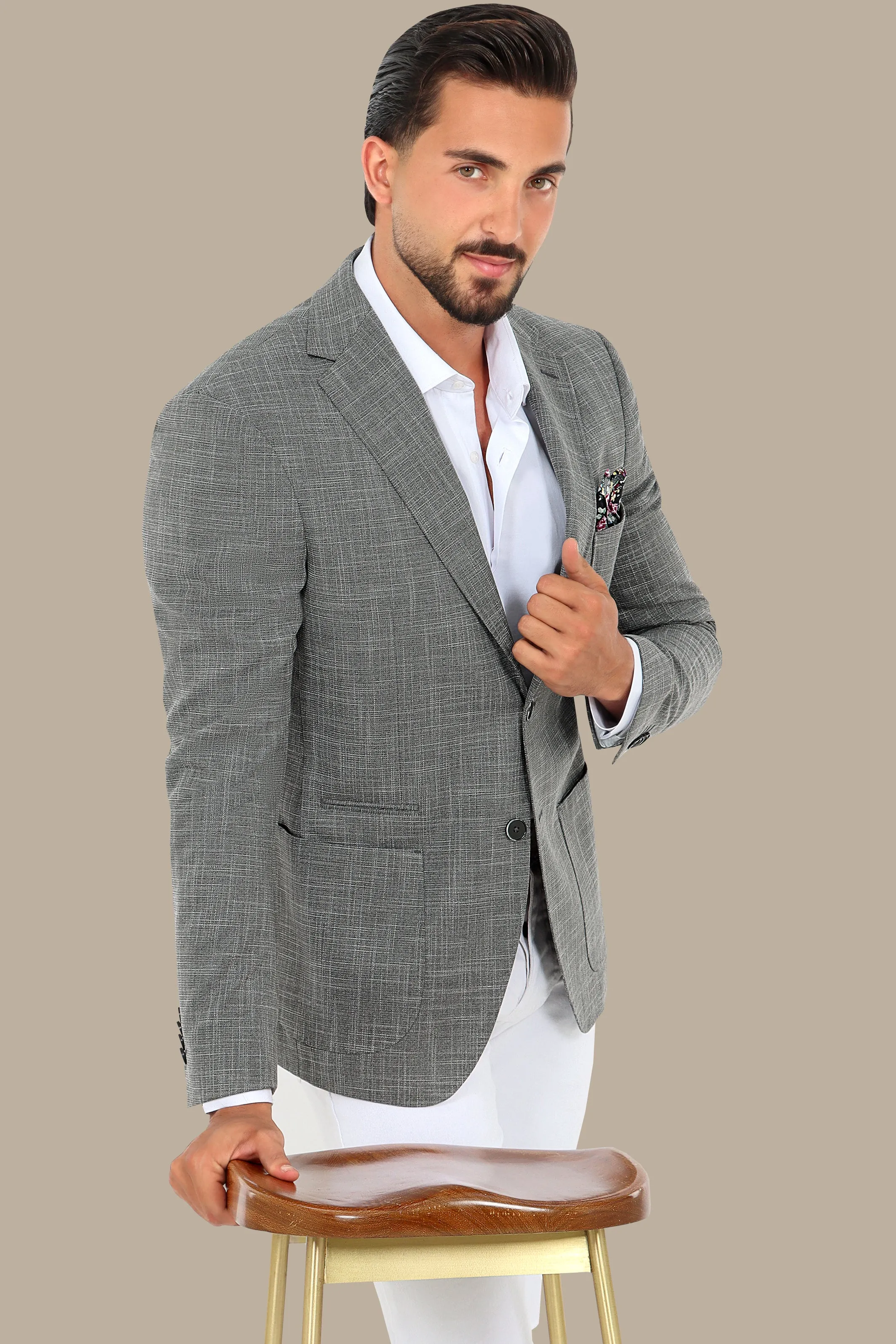 Dark Grey Slim Fit Blazer with Up & Down Notch Patch