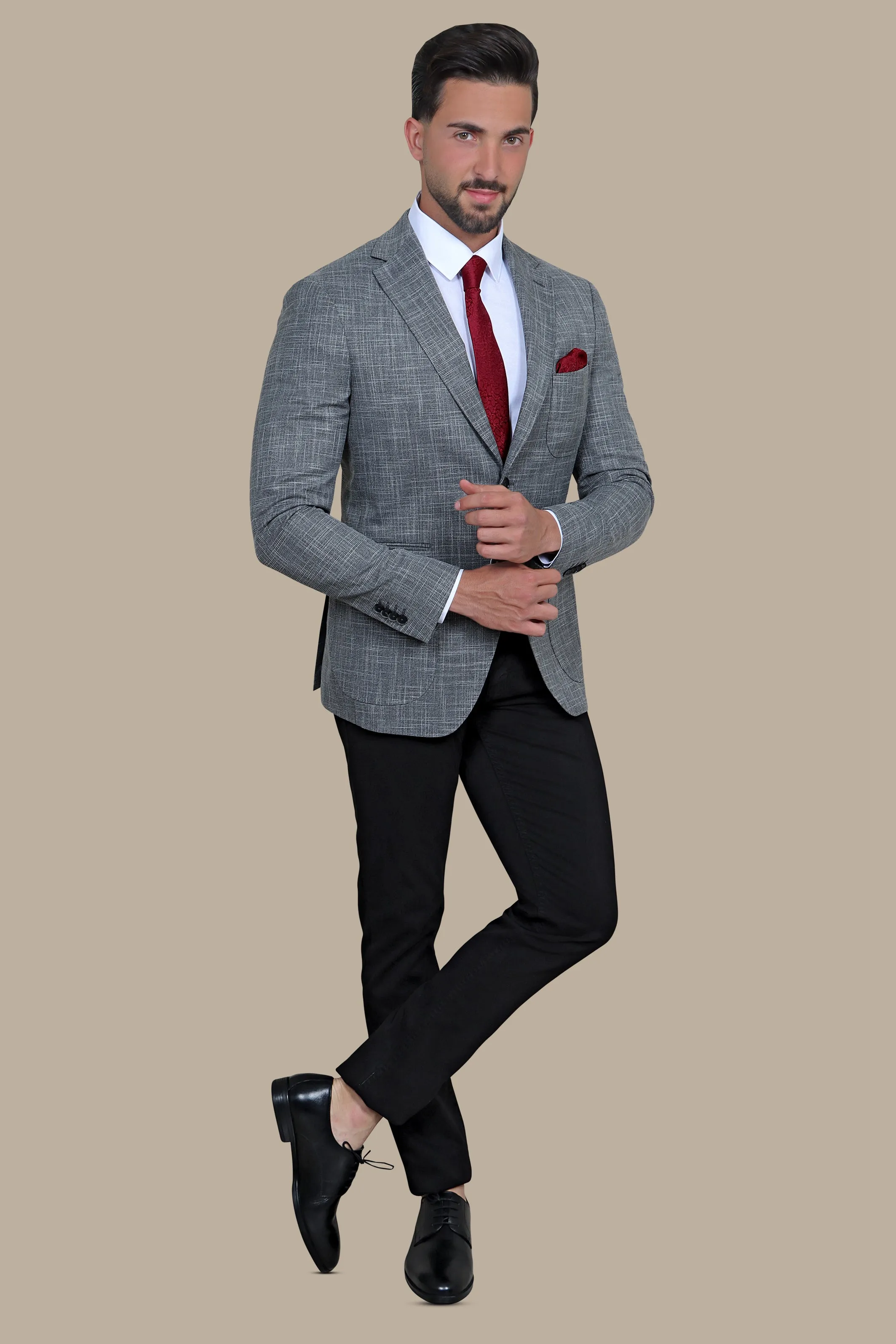 Dark Grey Slim Fit Blazer with Up & Down Notch Patch
