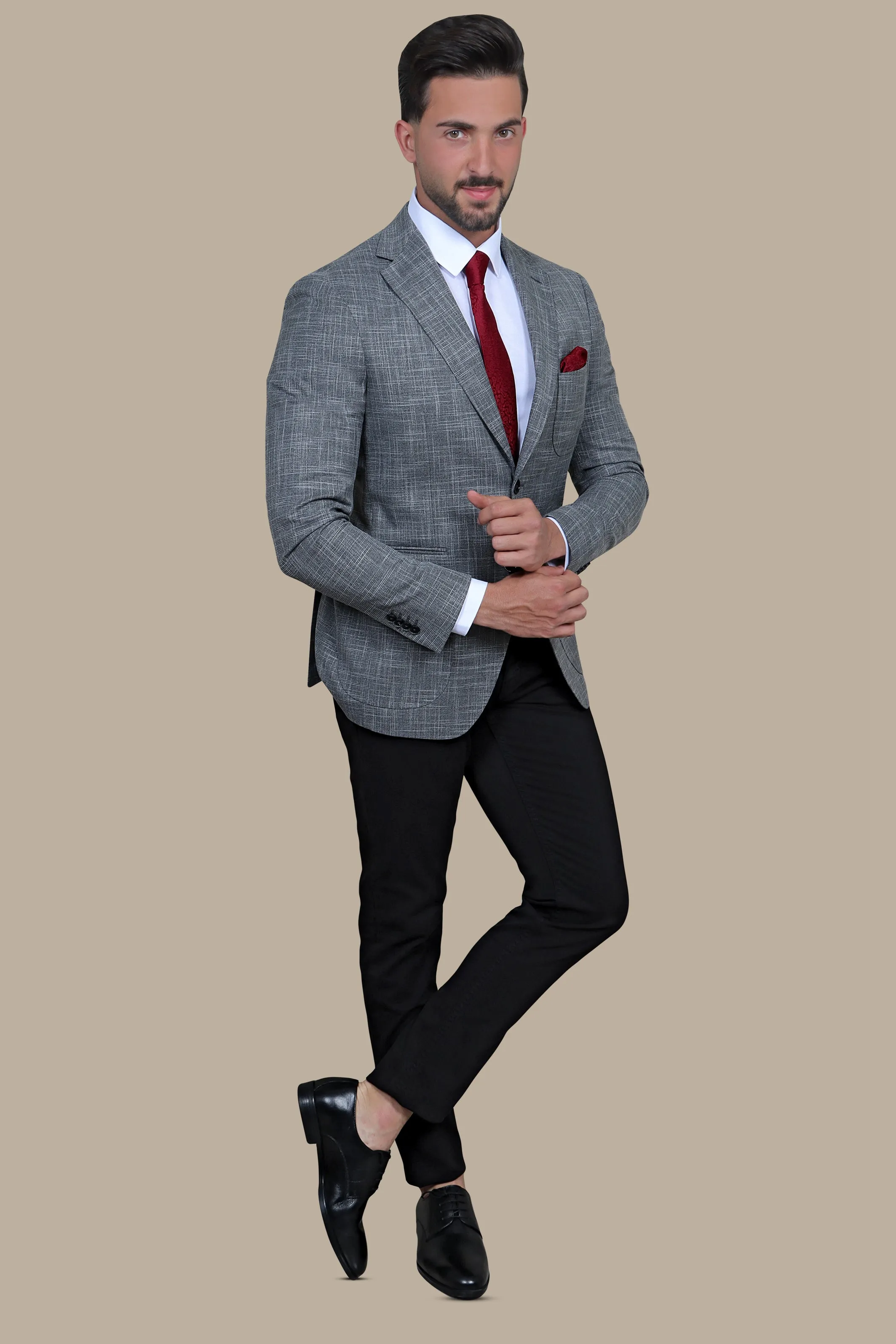 Dark Grey Slim Fit Blazer with Up & Down Notch Patch