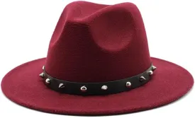 DHAEY European and American Style Woolen Hat Autumn and Winter Black Hat with Big Brim Rivet Belt Buckle Jazz Felt Hat Luopan Caps & Hats(Claret)