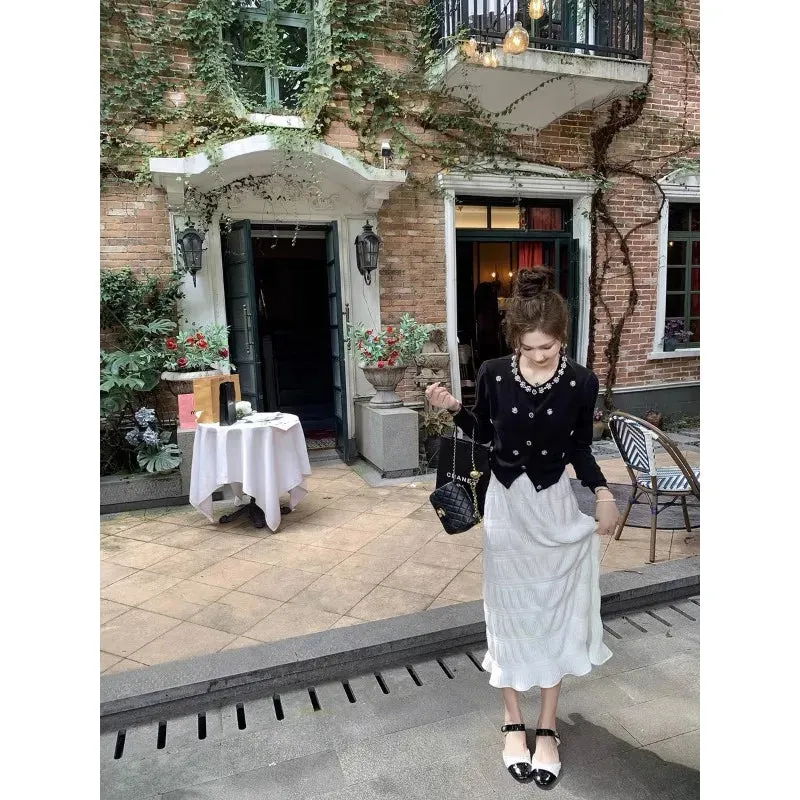 Fashionkova Knitted Long Sleeved Cardigan Women Slim Fit Soft Elastic Sweater Top Flower Beaded Elegant Black White Autumn Winter