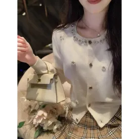 Fashionkova Knitted Long Sleeved Cardigan Women Slim Fit Soft Elastic Sweater Top Flower Beaded Elegant Black White Autumn Winter