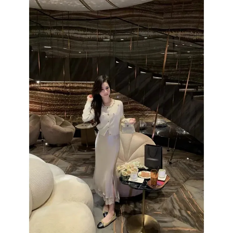 Fashionkova Knitted Long Sleeved Cardigan Women Slim Fit Soft Elastic Sweater Top Flower Beaded Elegant Black White Autumn Winter