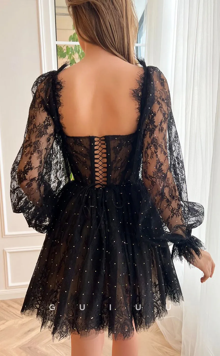 GH408 - A line Sweetheart Long Sleeves Black Lace Vintage Homecoming Dress