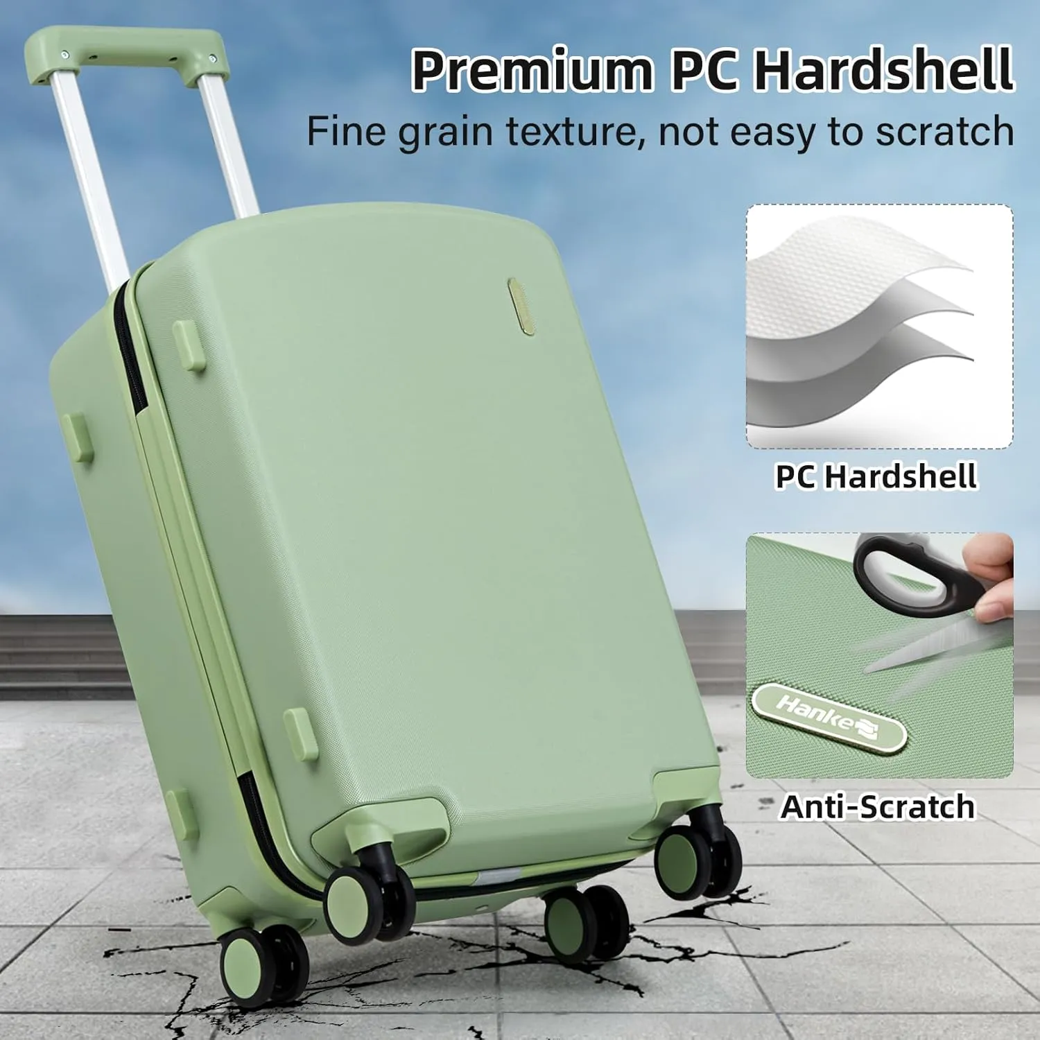 Hanke Hard Shell Luggage Sets 3 Pieces, Carry On and Checked Luggage Sets with Spinner Wheels, Durable PC Hardside Rolling Suitcase for Travel (16/24/28 Inch,Bamboo Green)