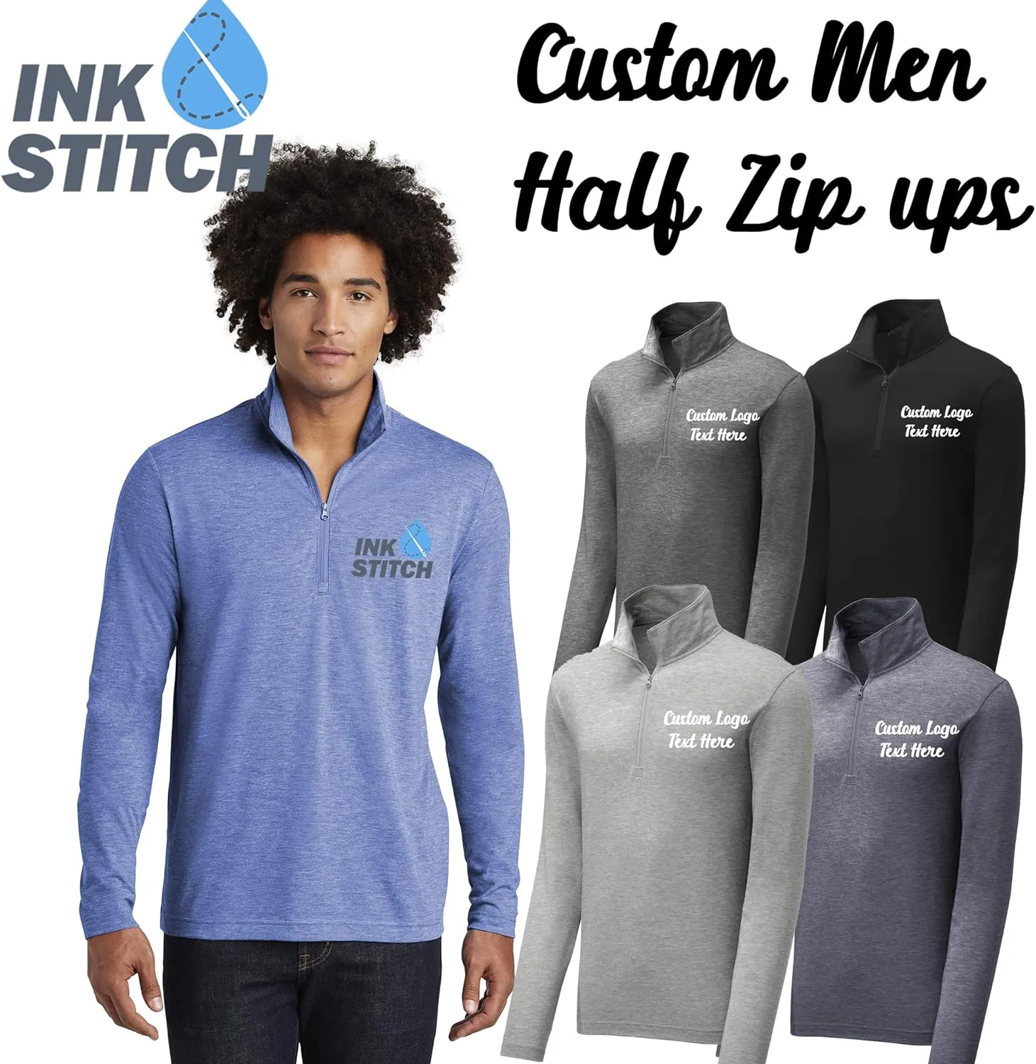 INK STITCH Men ST407 Custom Design Your Own Text logo Stitching Posicharge Tri Blend 1/4 Zip Pullover