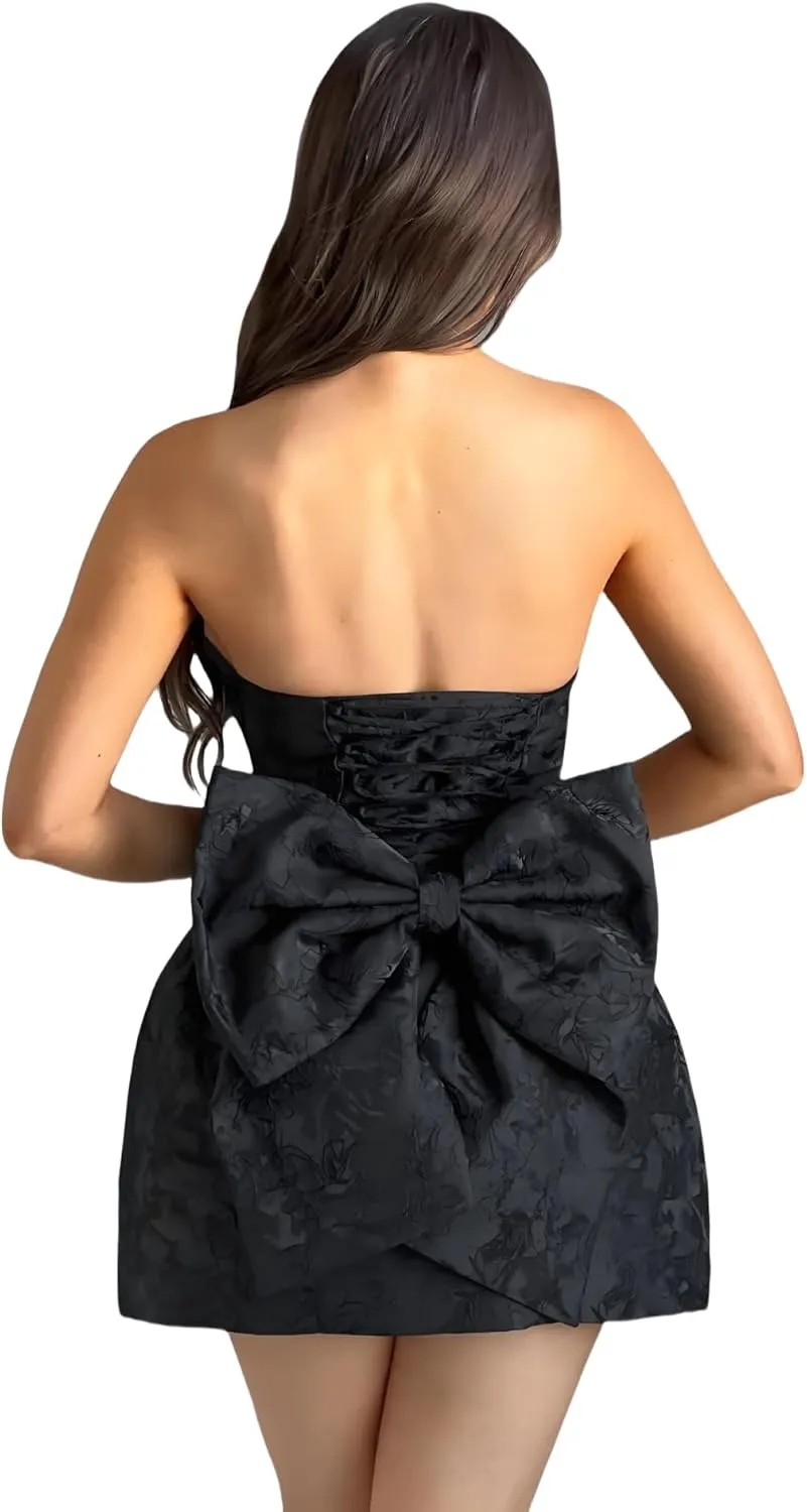 JUMISEE Embroidery Satin Homecoming Dress with Bow Modest Strapless Mini Dresses A Line Short Prom Dress Party Gown
