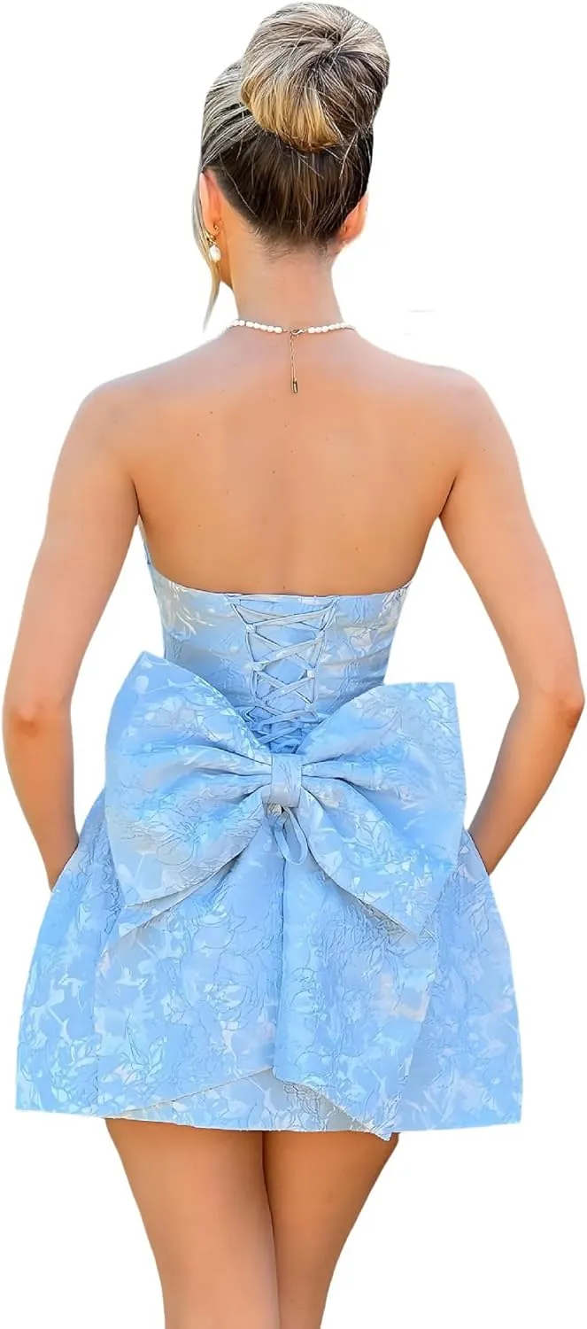 JUMISEE Embroidery Satin Homecoming Dress with Bow Modest Strapless Mini Dresses A Line Short Prom Dress Party Gown