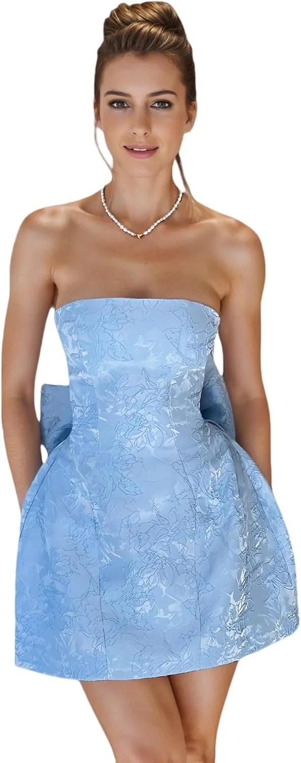 JUMISEE Embroidery Satin Homecoming Dress with Bow Modest Strapless Mini Dresses A Line Short Prom Dress Party Gown
