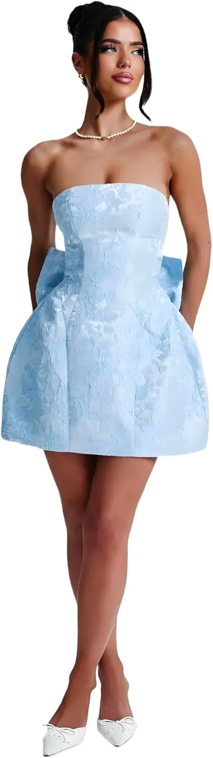 JUMISEE Embroidery Satin Homecoming Dress with Bow Modest Strapless Mini Dresses A Line Short Prom Dress Party Gown