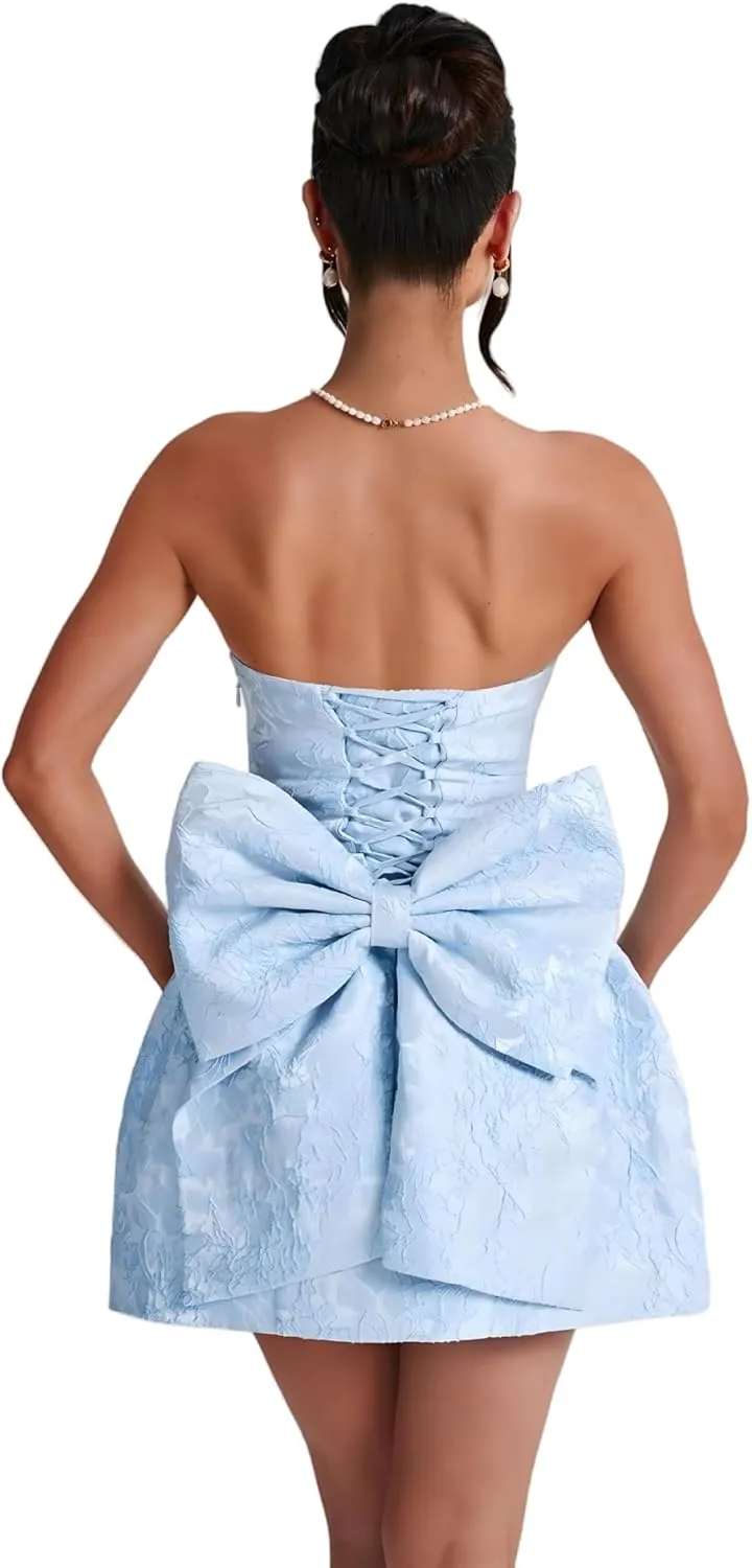 JUMISEE Embroidery Satin Homecoming Dress with Bow Modest Strapless Mini Dresses A Line Short Prom Dress Party Gown