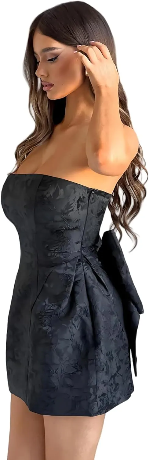 JUMISEE Embroidery Satin Homecoming Dress with Bow Modest Strapless Mini Dresses A Line Short Prom Dress Party Gown