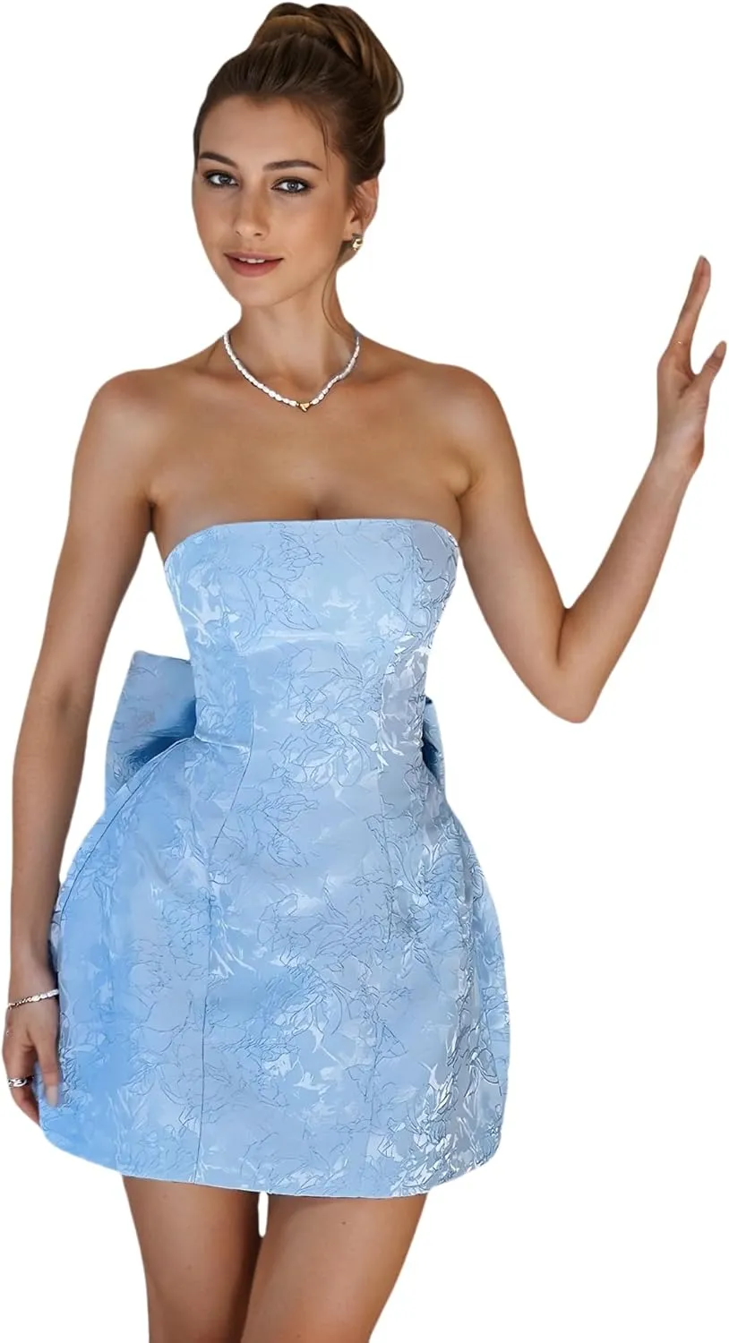 JUMISEE Embroidery Satin Homecoming Dress with Bow Modest Strapless Mini Dresses A Line Short Prom Dress Party Gown