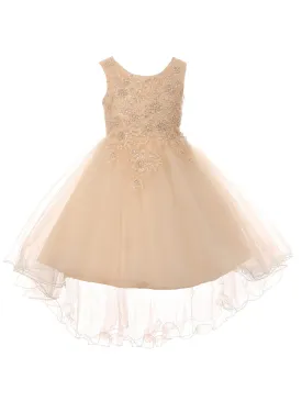 Little Girls Champagne Rhinestone Pearl Wired Tulle Hi-Low Flower Girl Dress 2-6