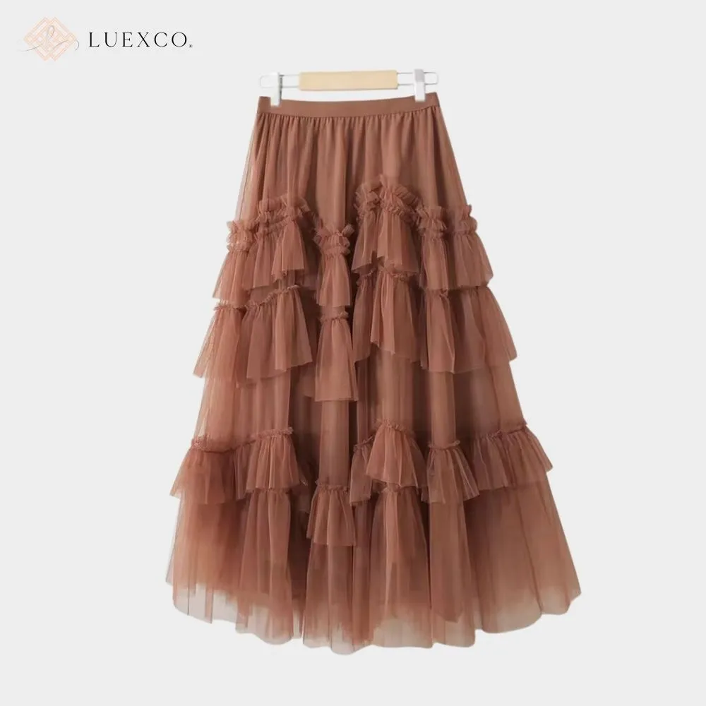 Luexco Layered Chiffon Mesh High Waist Skirt