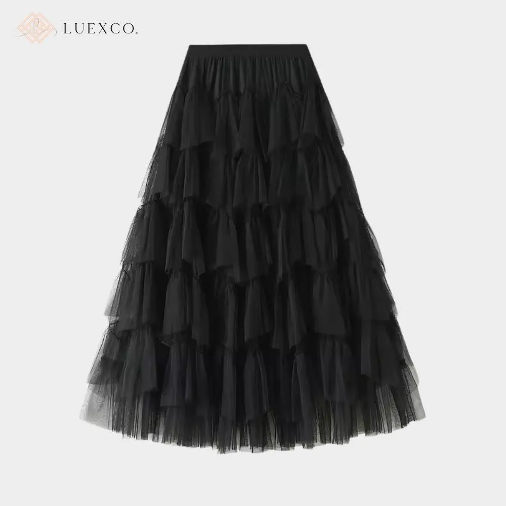 Luexco Layered Chiffon Mesh High Waist Skirt