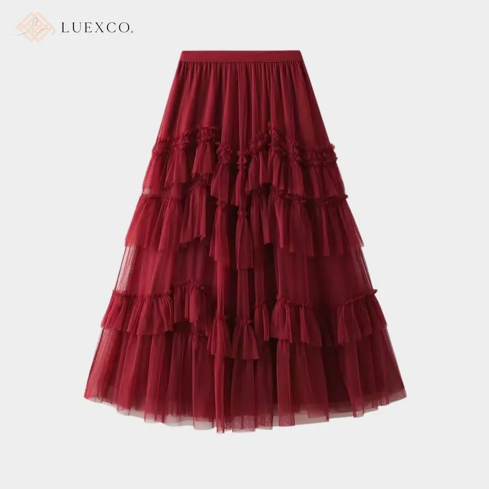Luexco Layered Chiffon Mesh High Waist Skirt