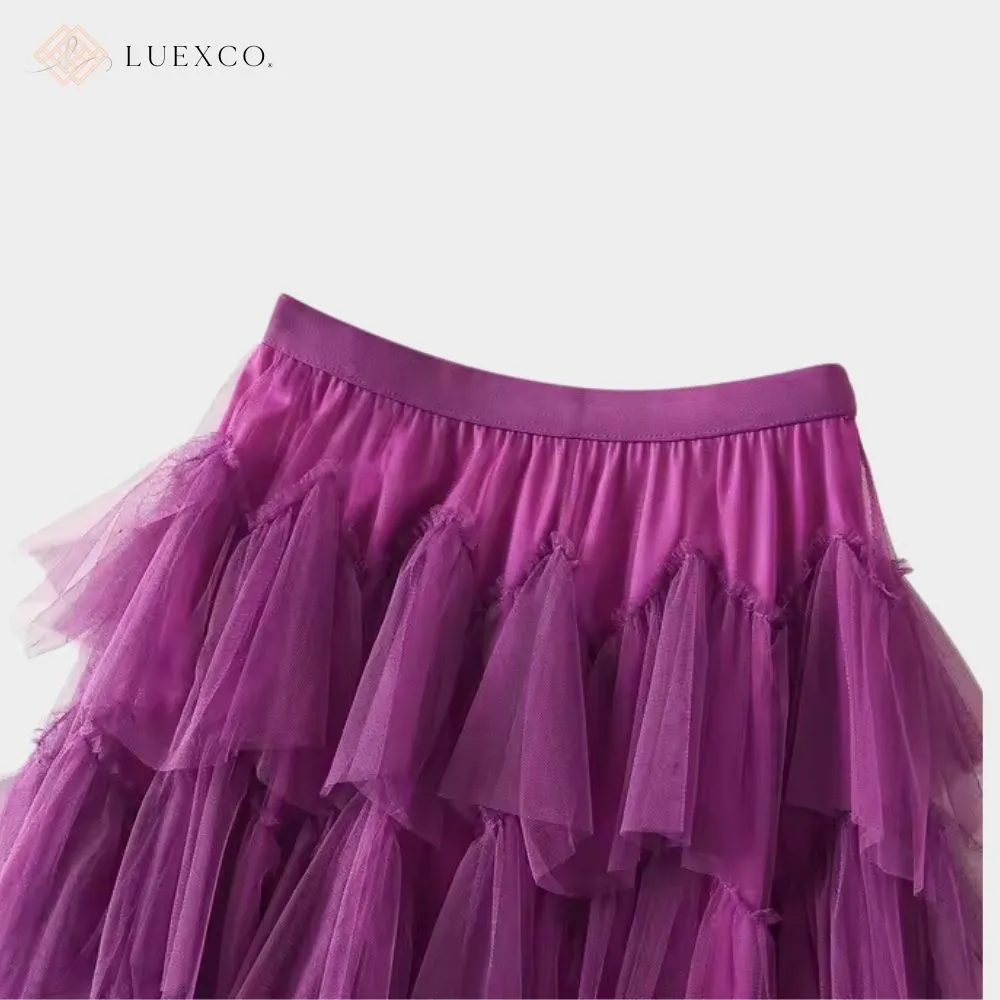Luexco Layered Chiffon Mesh High Waist Skirt