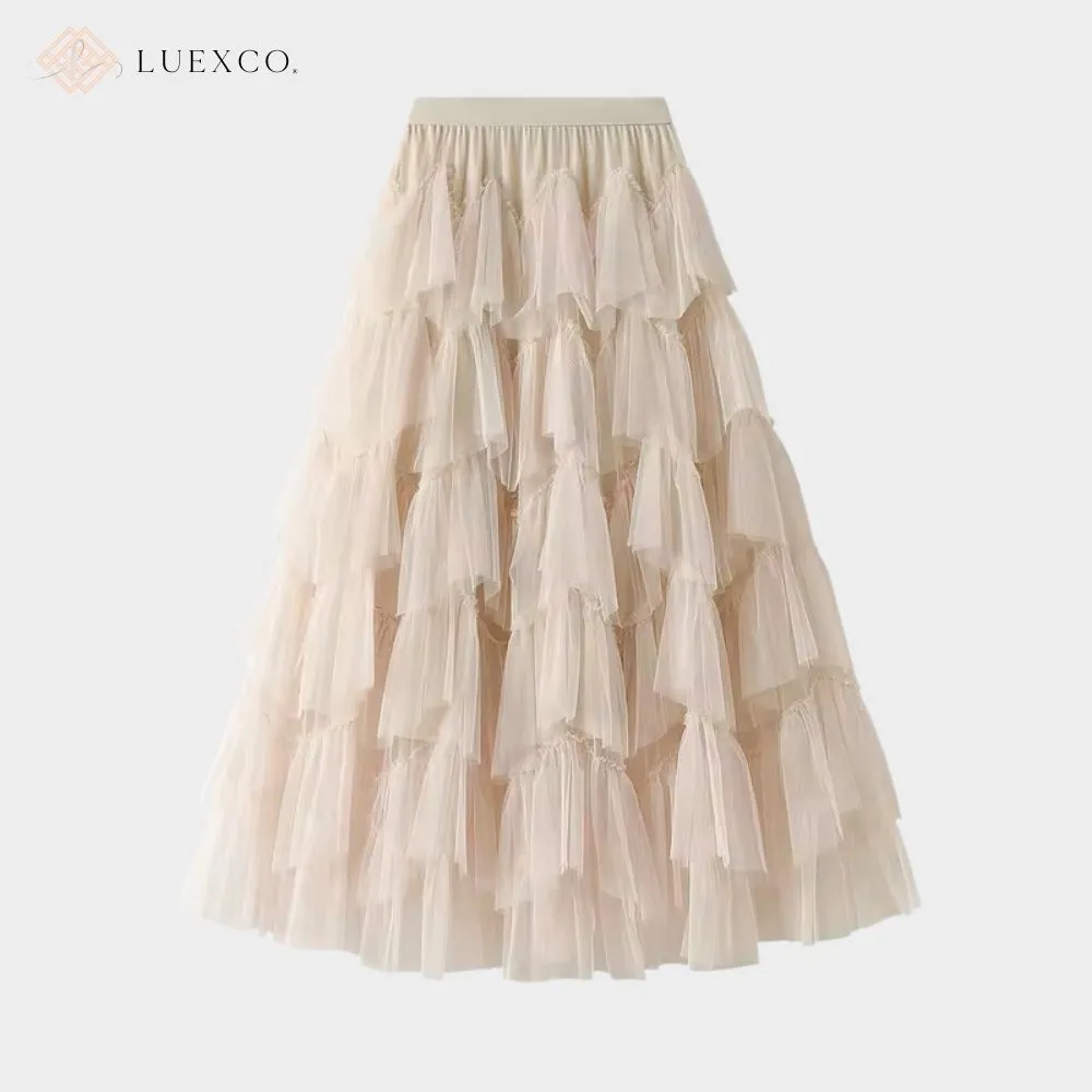 Luexco Layered Chiffon Mesh High Waist Skirt