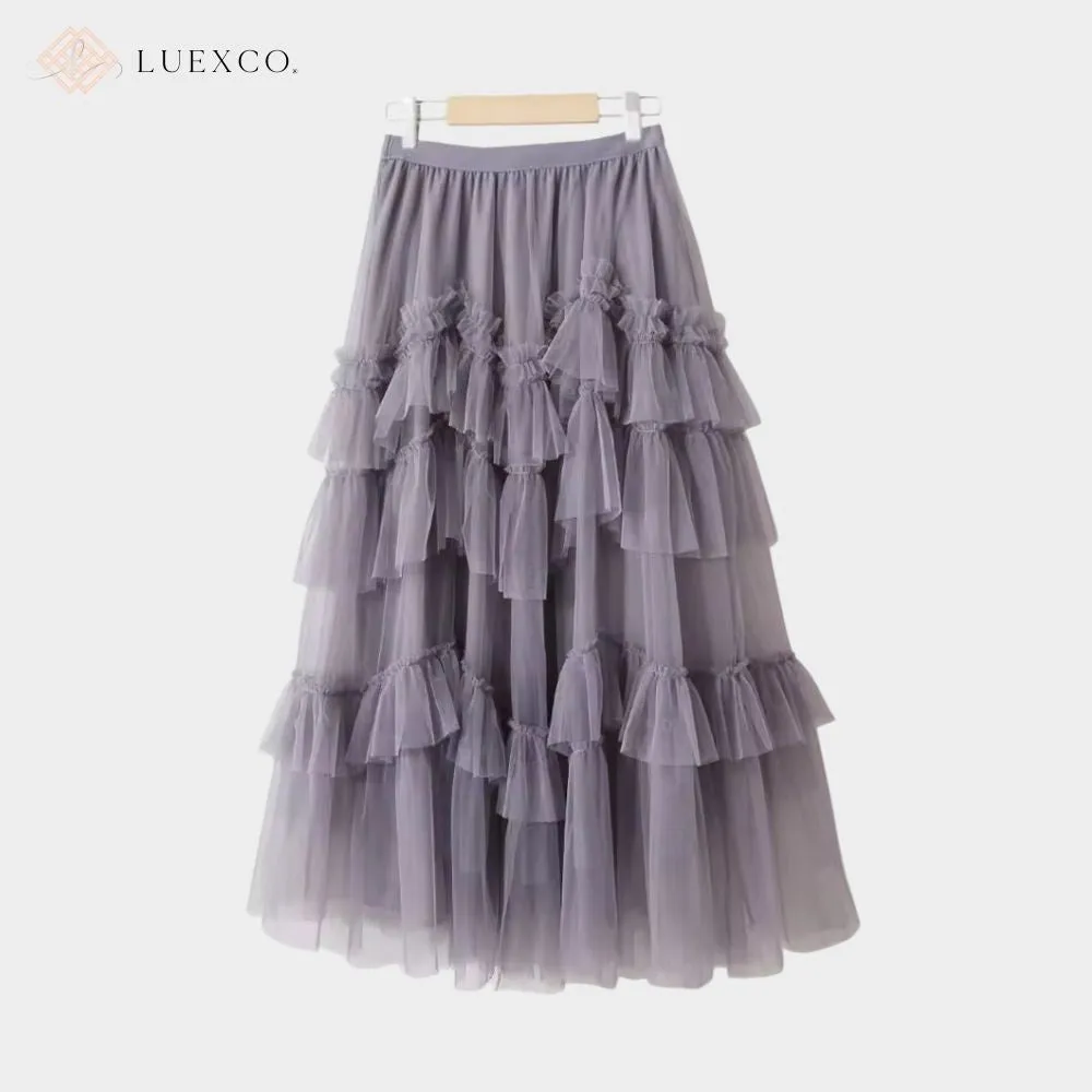 Luexco Layered Chiffon Mesh High Waist Skirt
