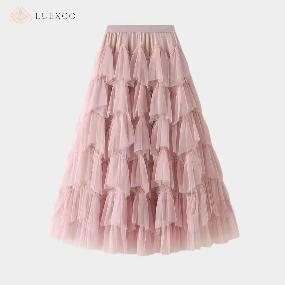 Luexco Layered Chiffon Mesh High Waist Skirt