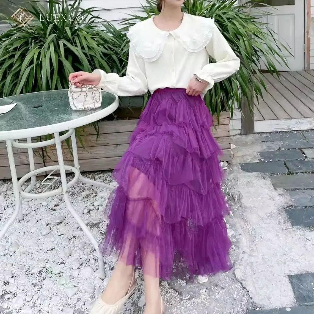 Luexco Layered Chiffon Mesh High Waist Skirt