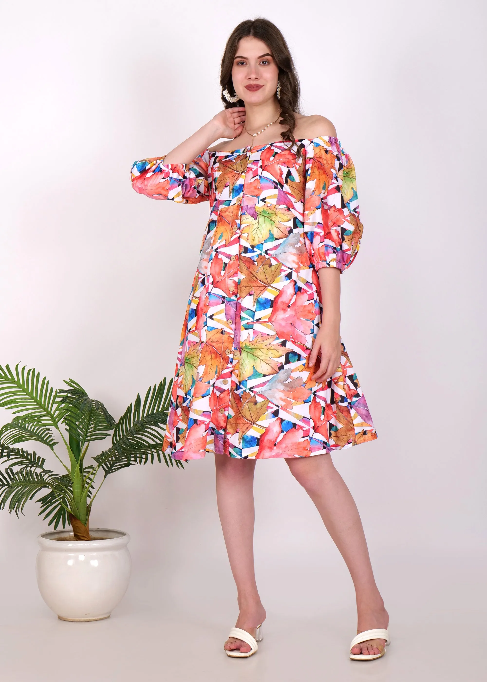 Magic Linnen Autumn Bloom Off-Shoulder Dress
