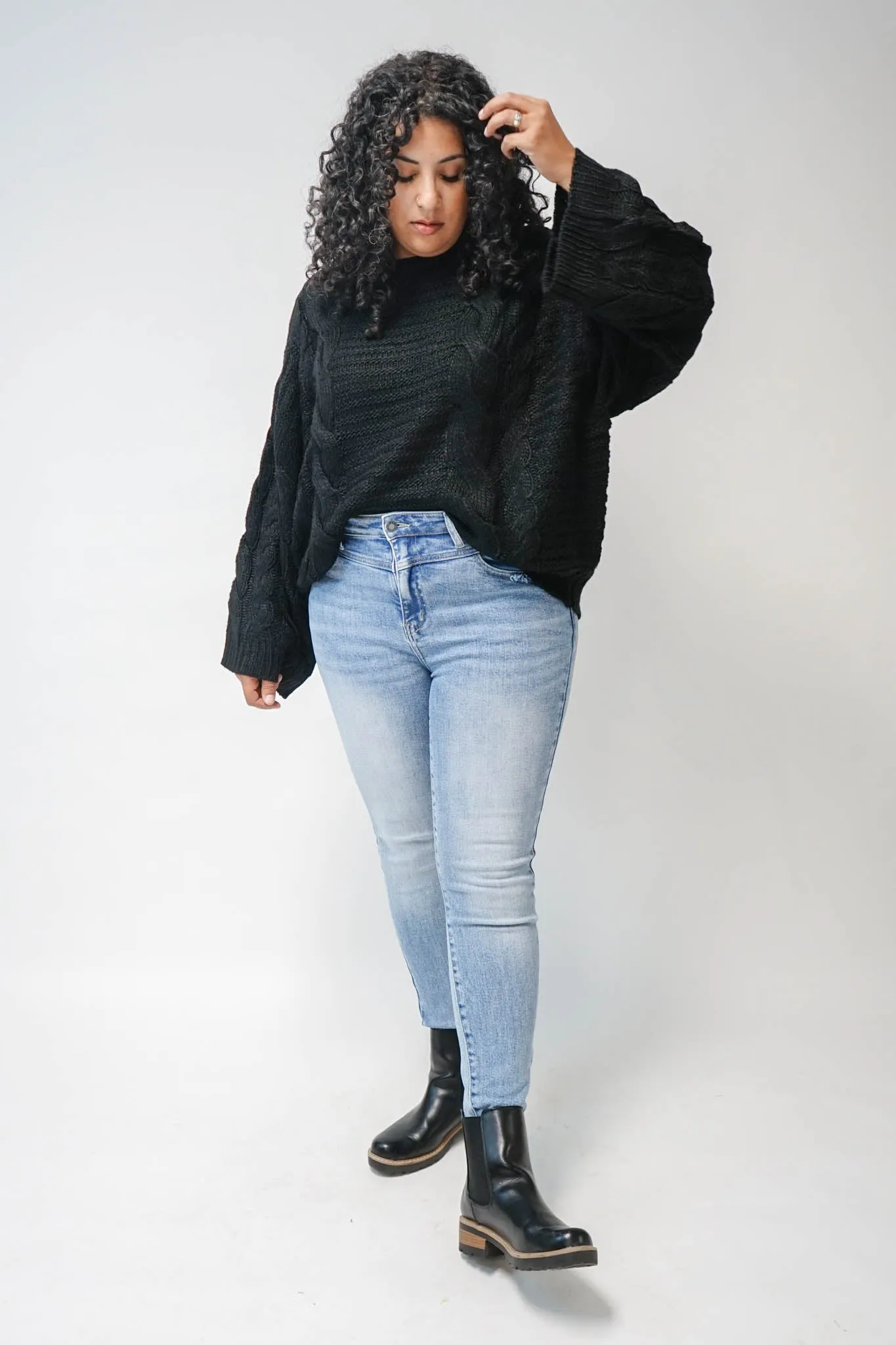 Mary Bell Sleeve Cable Knit Sweater in Black