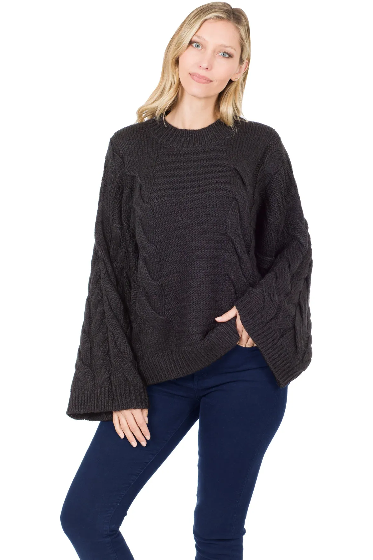 Mary Bell Sleeve Cable Knit Sweater in Black