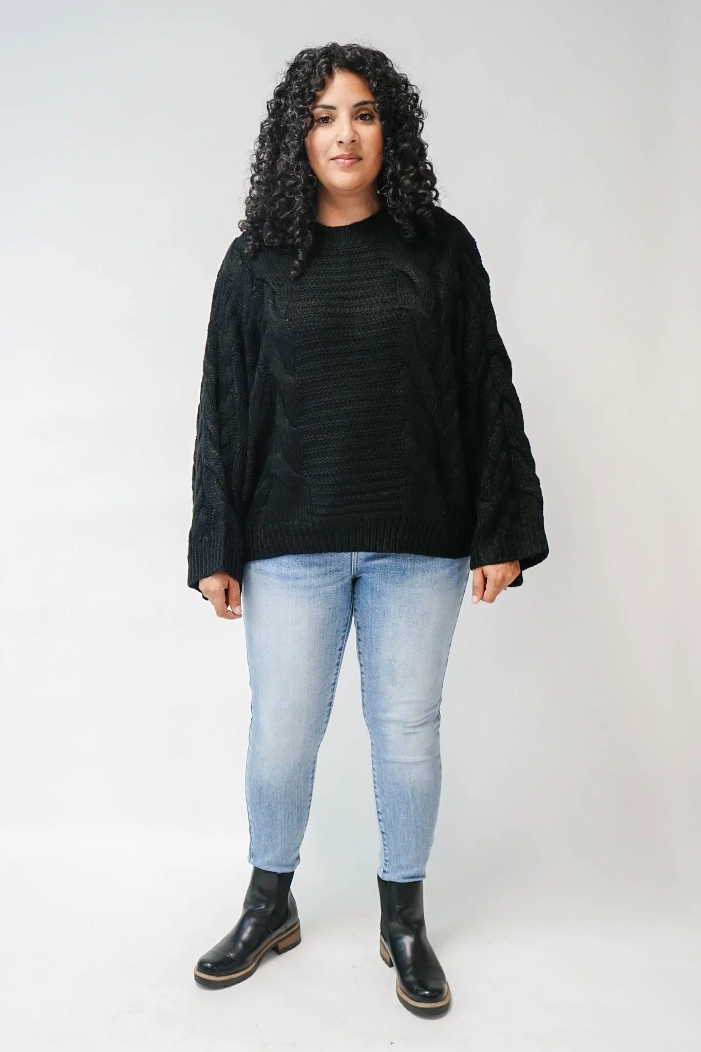 Mary Bell Sleeve Cable Knit Sweater in Black