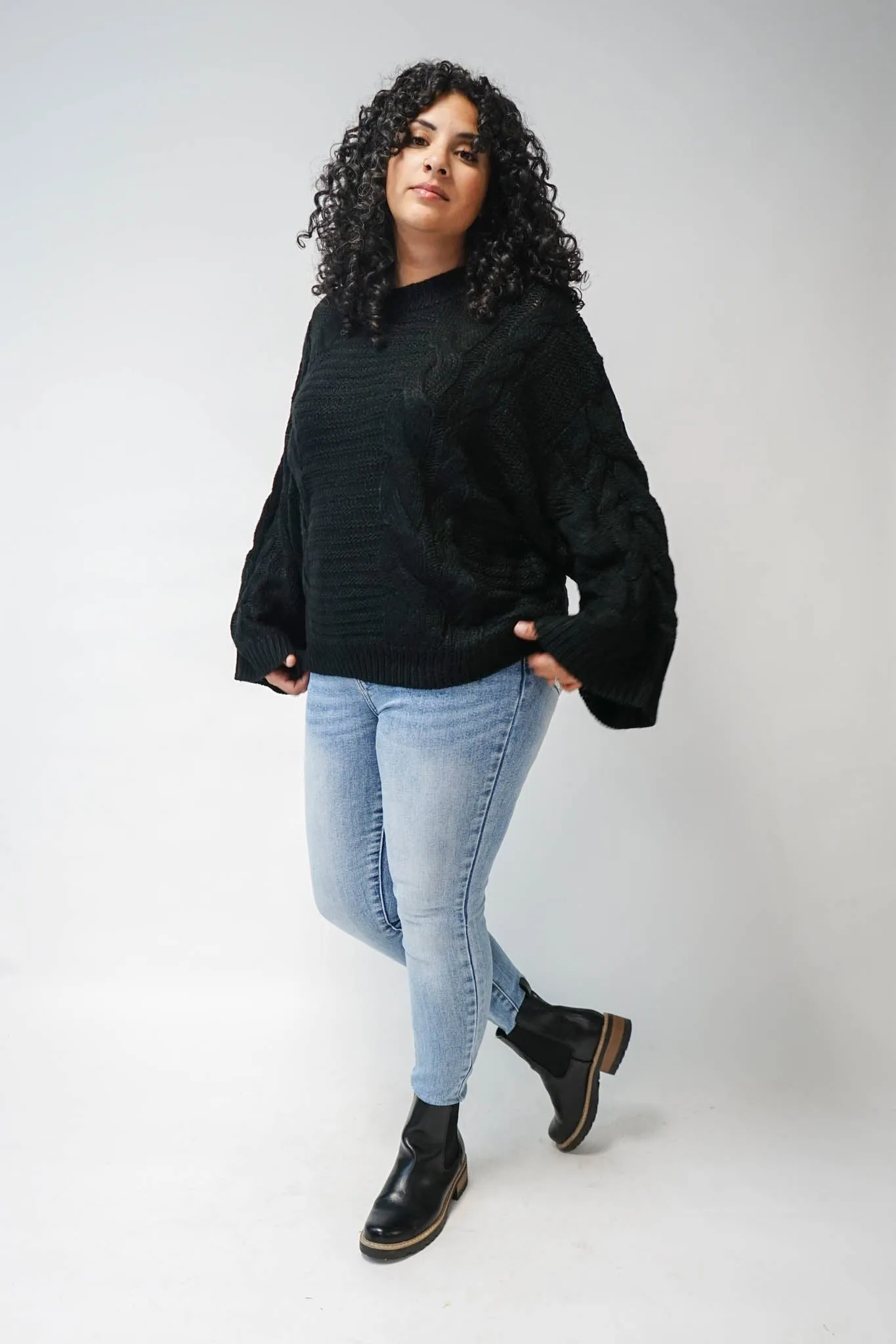 Mary Bell Sleeve Cable Knit Sweater in Black