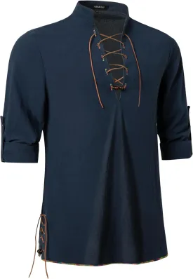 Men's Long Sleeve Shirts Retro Style Lace up for Medieval,Viking,Hippie Halloween Cosplay Pirate Renaissance Costume