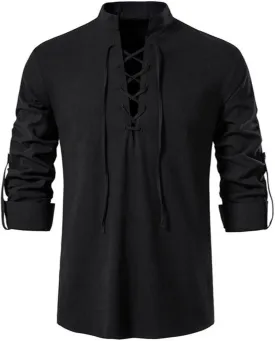 Men's Long Sleeve Shirts Retro Style Lace up for Medieval,Viking,Hippie Halloween Cosplay Pirate Renaissance Costume