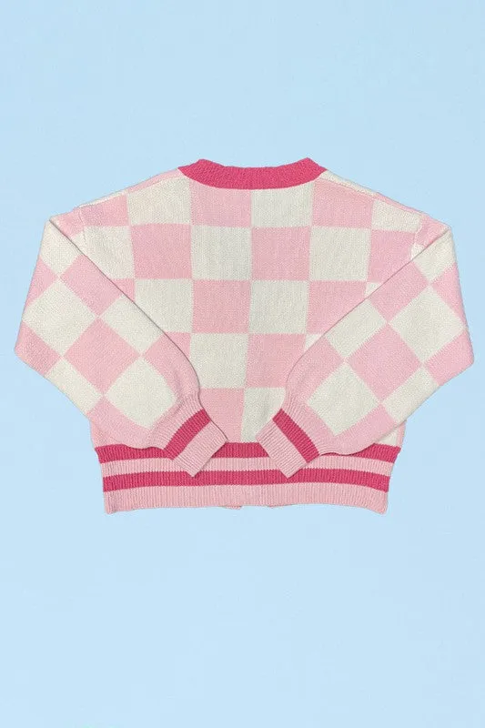 MISS SPARKLING Women's Pink Buttoned-down Checkered Knit cardigan