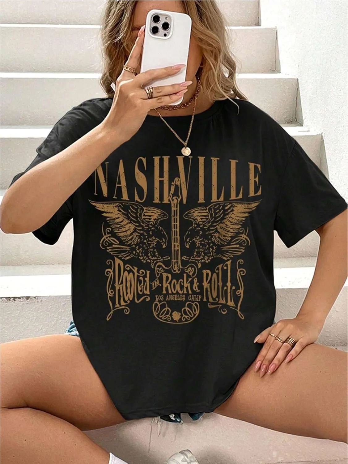 Nashville Music City T-Shirt Women Country Music Oversized Shirts Rock Band Tshirt Vintage Guitar Wings Graphic Tees