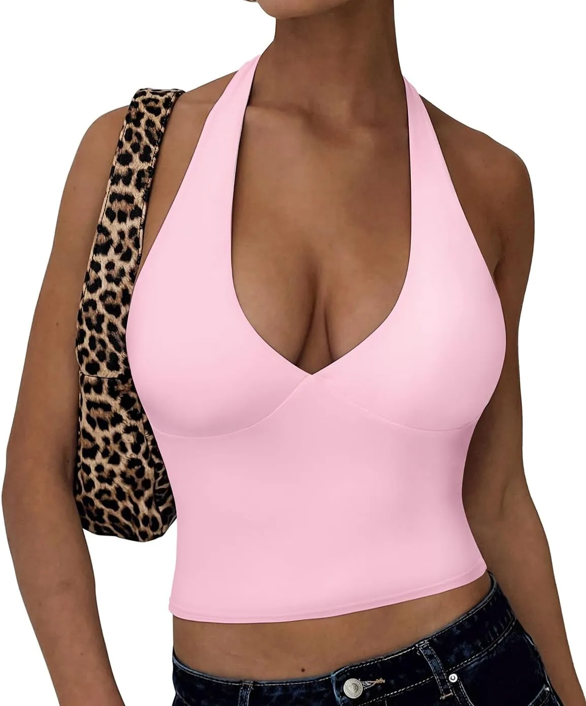 OMKAGI Womens Tank Tops Sexy Halter V Neck Going Out Tops Sleeveless Y2K Crop Top