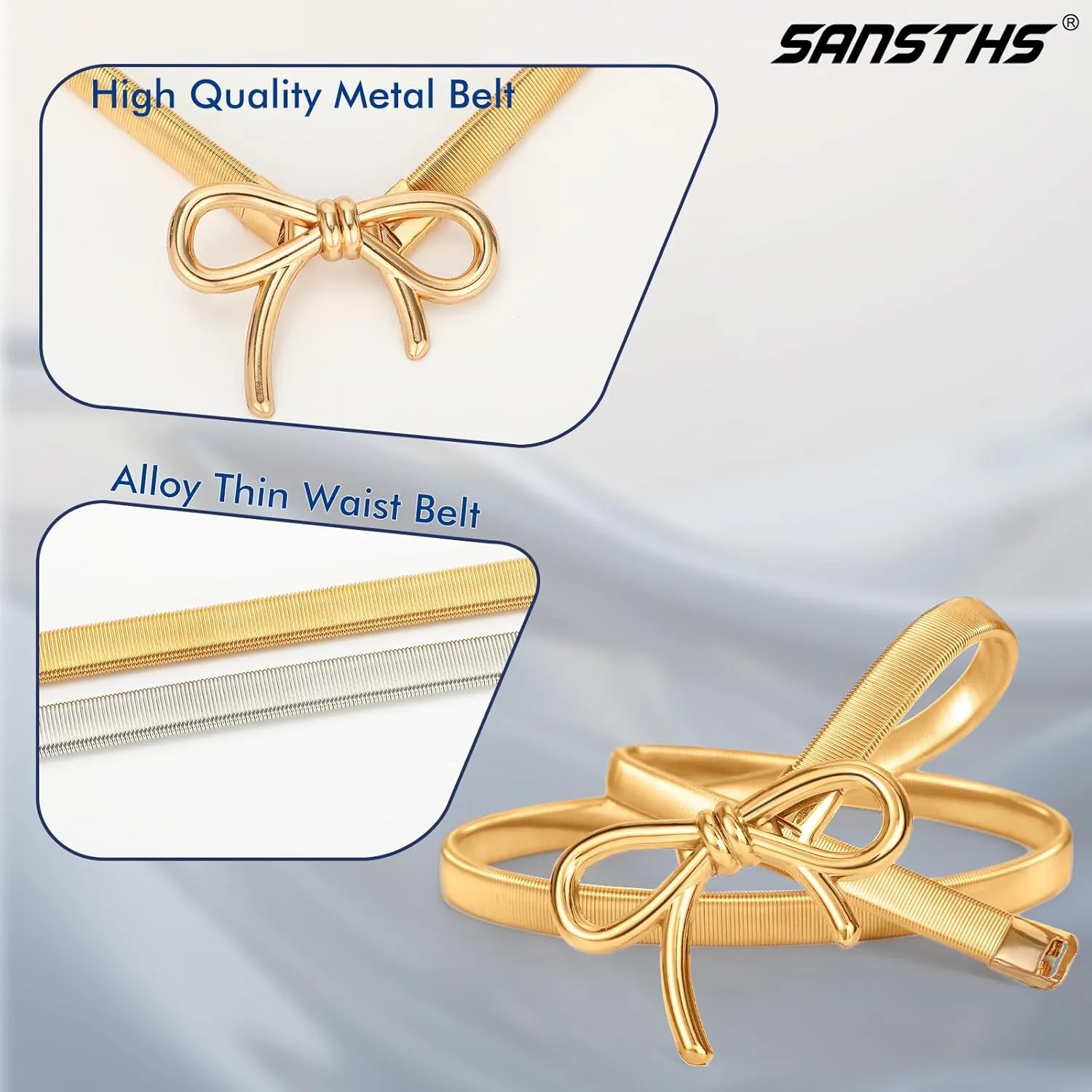 SANSTHS Womens Elastic Thin Metal Waist Belt, Stretch Chain Belt for Dresses, Skinny Rhinestone Adjustable Waistband