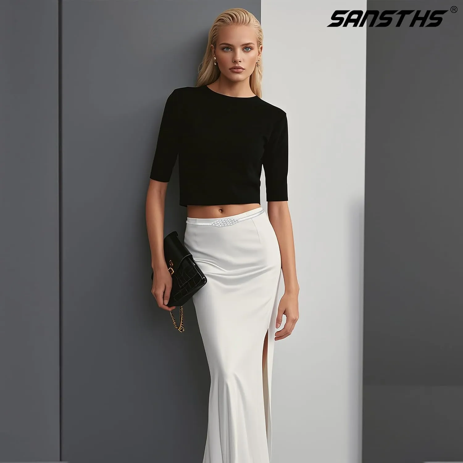 SANSTHS Womens Elastic Thin Metal Waist Belt, Stretch Chain Belt for Dresses, Skinny Rhinestone Adjustable Waistband