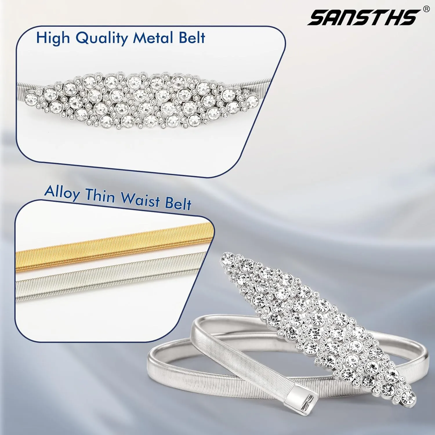 SANSTHS Womens Elastic Thin Metal Waist Belt, Stretch Chain Belt for Dresses, Skinny Rhinestone Adjustable Waistband